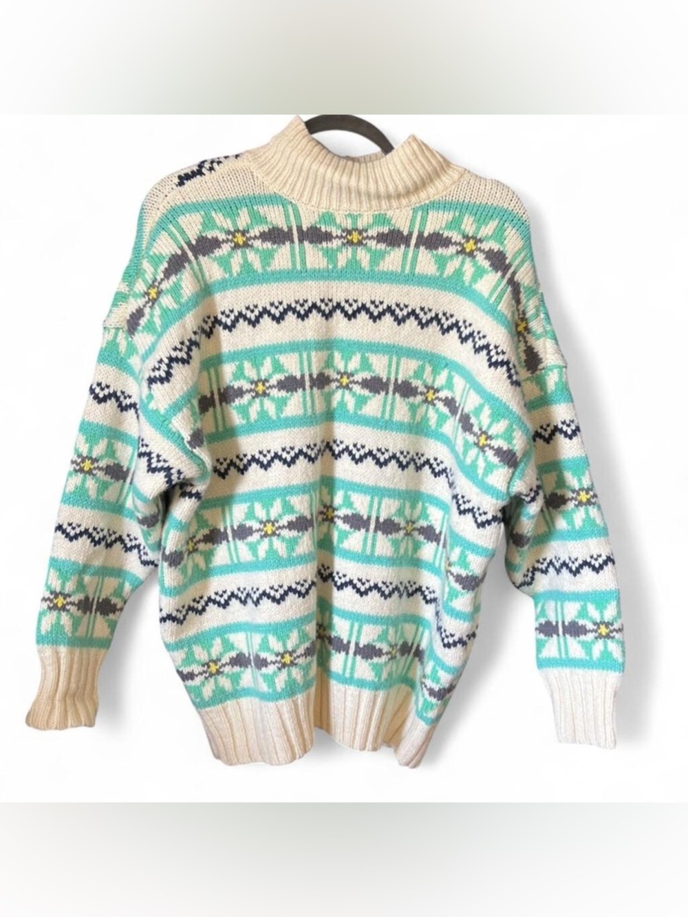 American Eagle Outfitters Cream, Mint & Navy Patterned Turtleneck Sweater